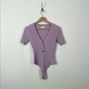 Who What Wear Women's S Lavender Ribbed Cable Knit Stretch Bodysuit with Buttons